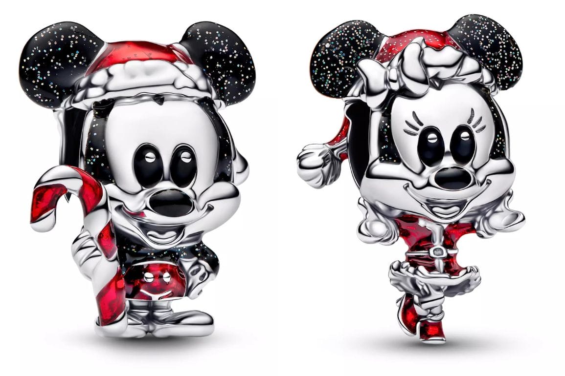 Two silver Minnie and Santa Mickey charms with festive sparkle, reminiscent of Disney Park magic, ideal for a Pandora bracelet.