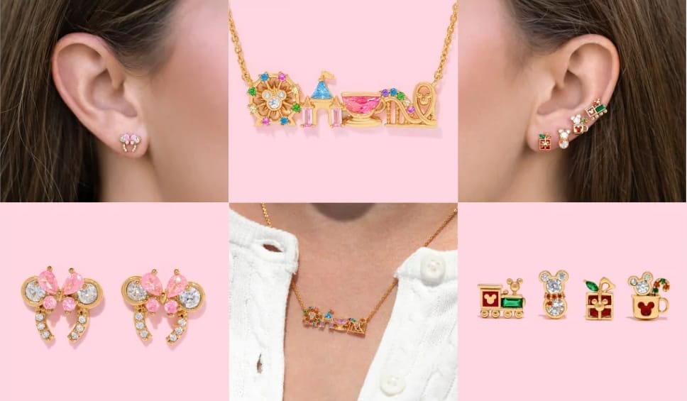 Disney Parks Collection gold necklaces and earrings with colorful gems on women, pink background evokes Disney’s global park magic.