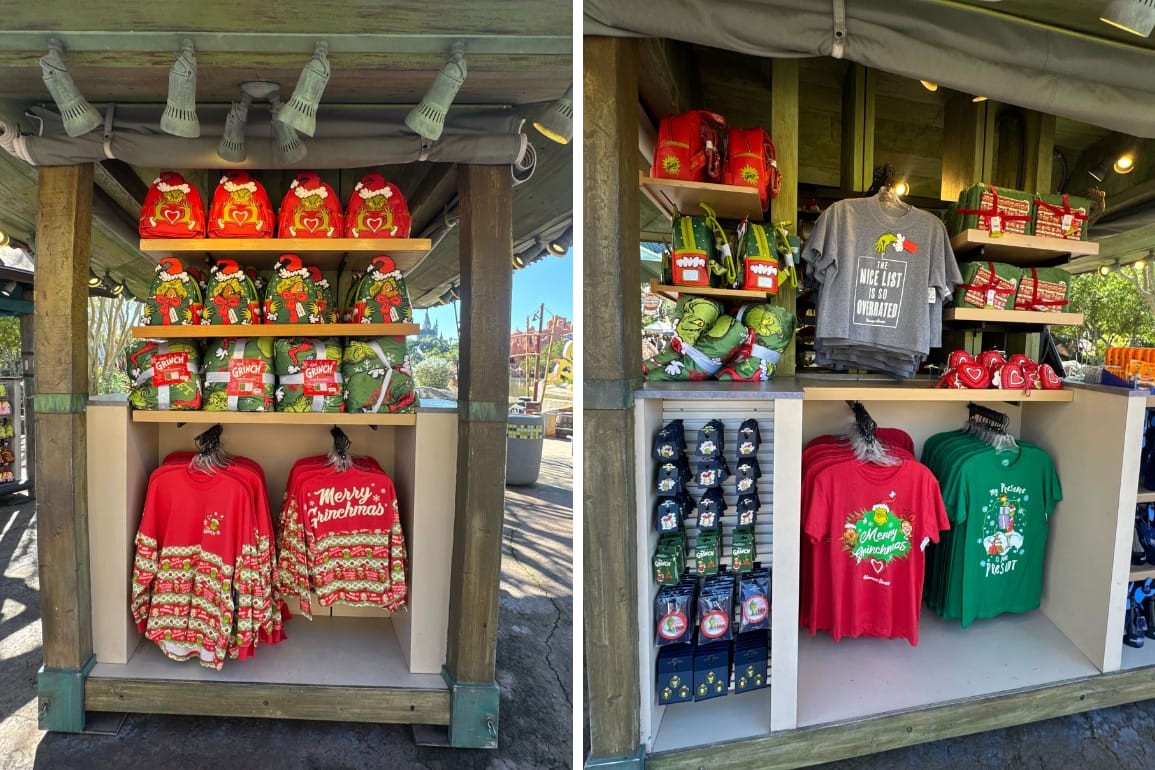 Shelves packed with Grinchmas shirts and plush toys fill a wooden kiosk—not Disney, but Universal Orlando, so no castle in sight.