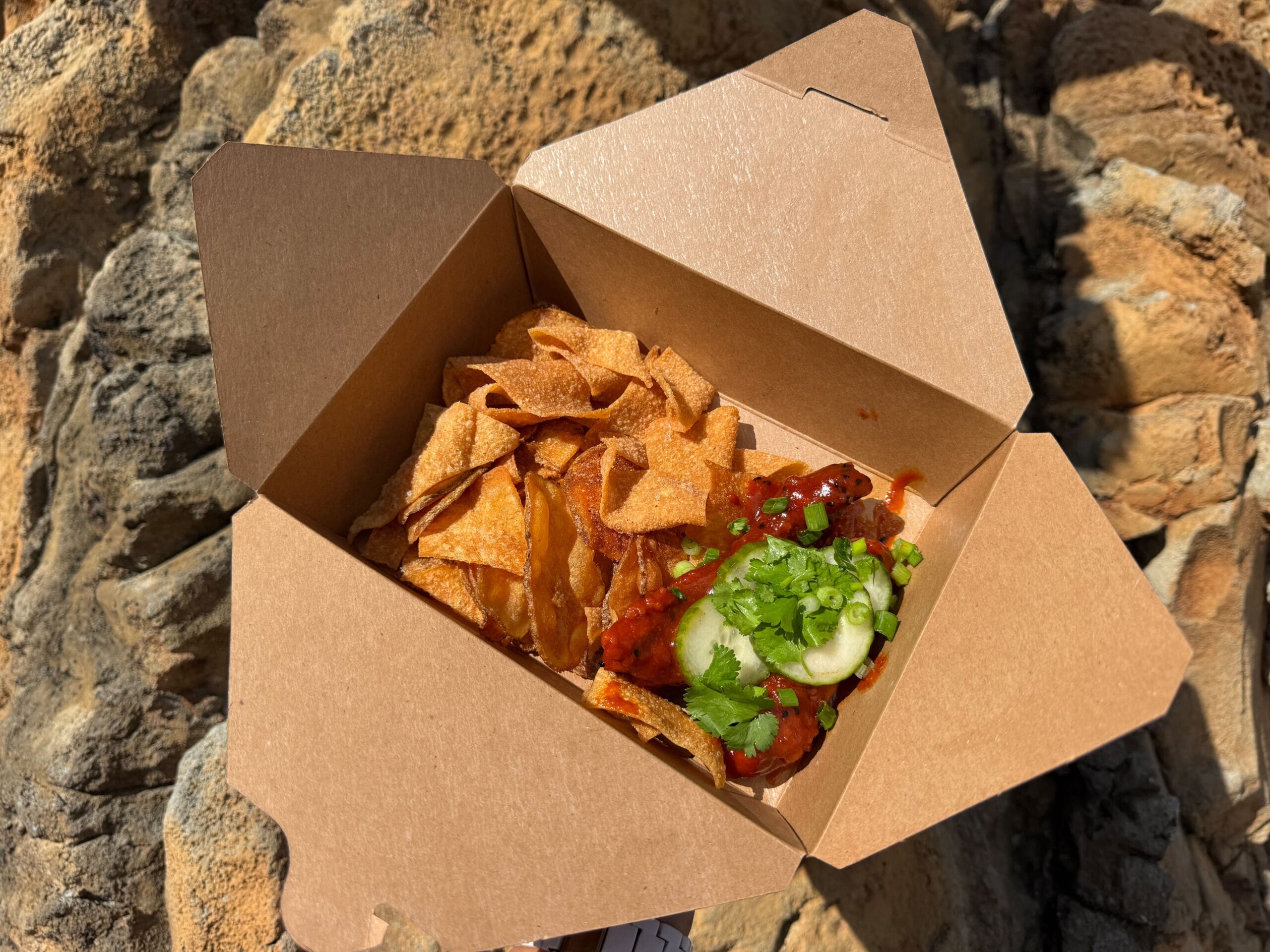 Disney park snack box with tortilla chips, salsa, cilantro, cucumber, and glazed chicken, photographed outdoors in bright sun.