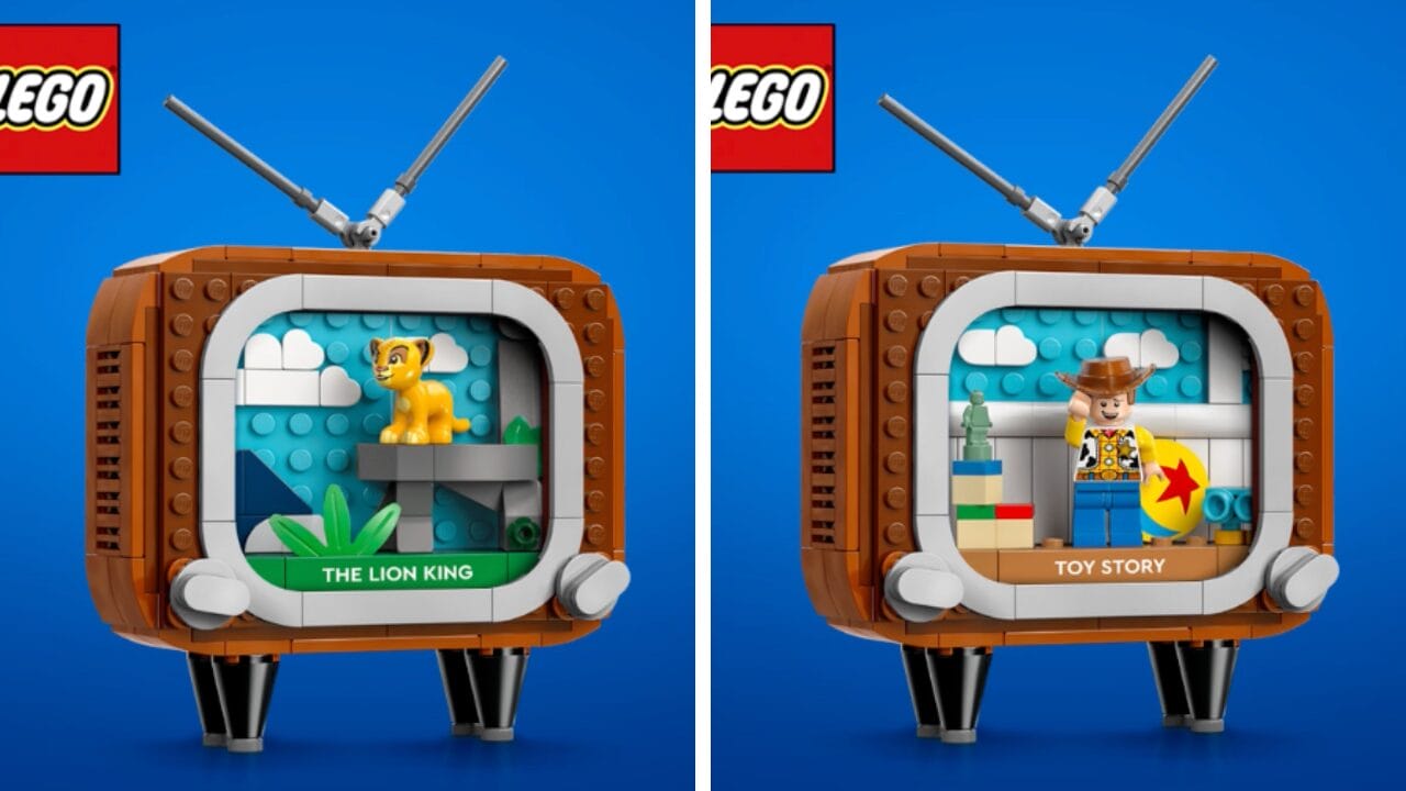 Two LEGO TVs display Simba and Woody scenes on a blue backdrop—evoking Disney magic like park icons. Shop Disney Store online.