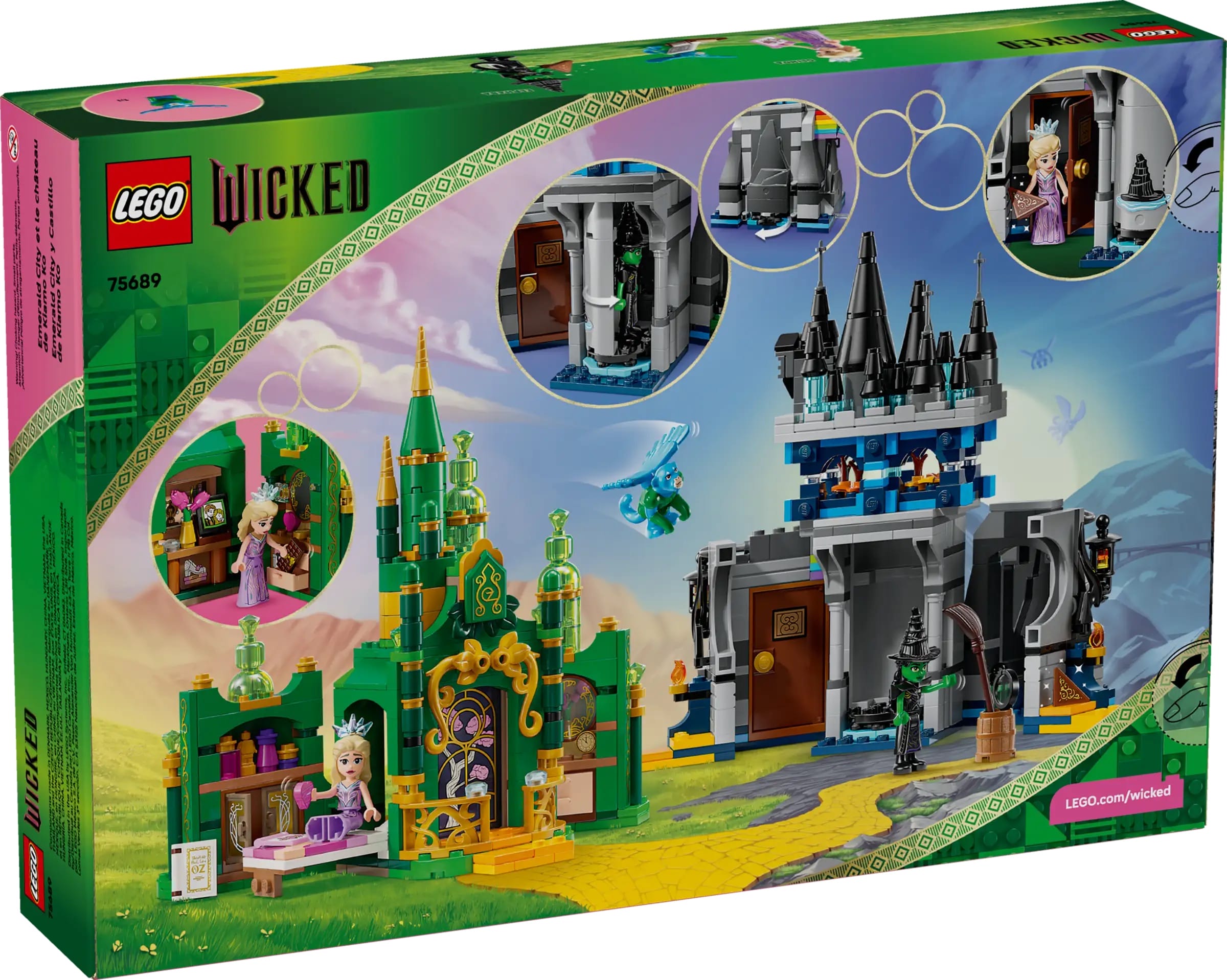LEGO Wicked set box with movie-inspired buildings and mini-figures, castle resembles neither Cinderella nor Sleeping Beauty Castle.