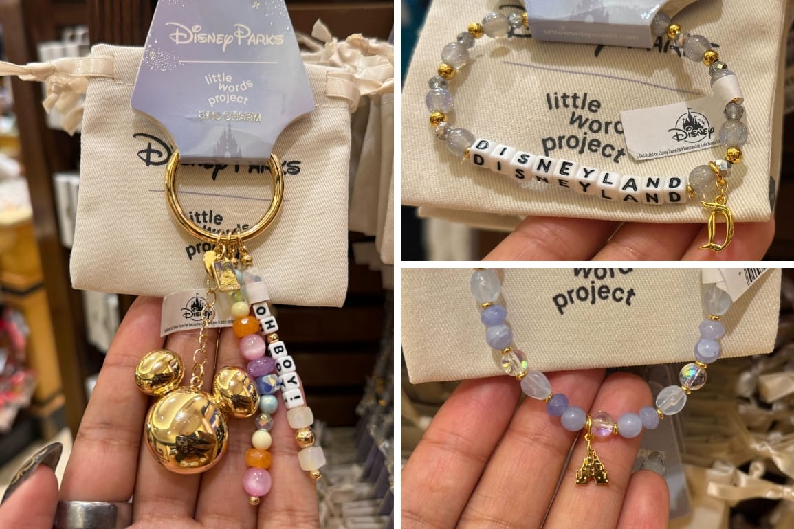 A beaded keychain and Disney Parks bracelets with Disneyland castle charms, displayed in a Disney store, echoing park magic.