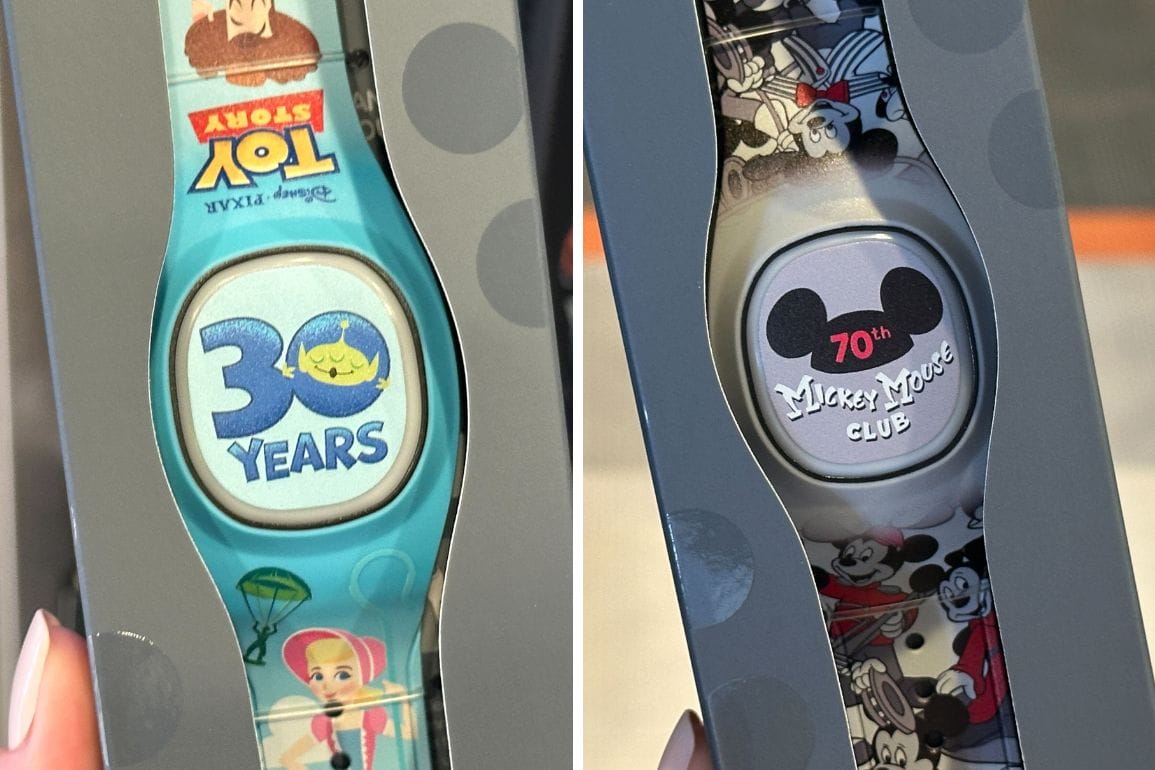 Celebrate with these MagicBand+ wristbands: Toy Story 30 Years and Mickey Mouse Club 70th anniversary in packaging.