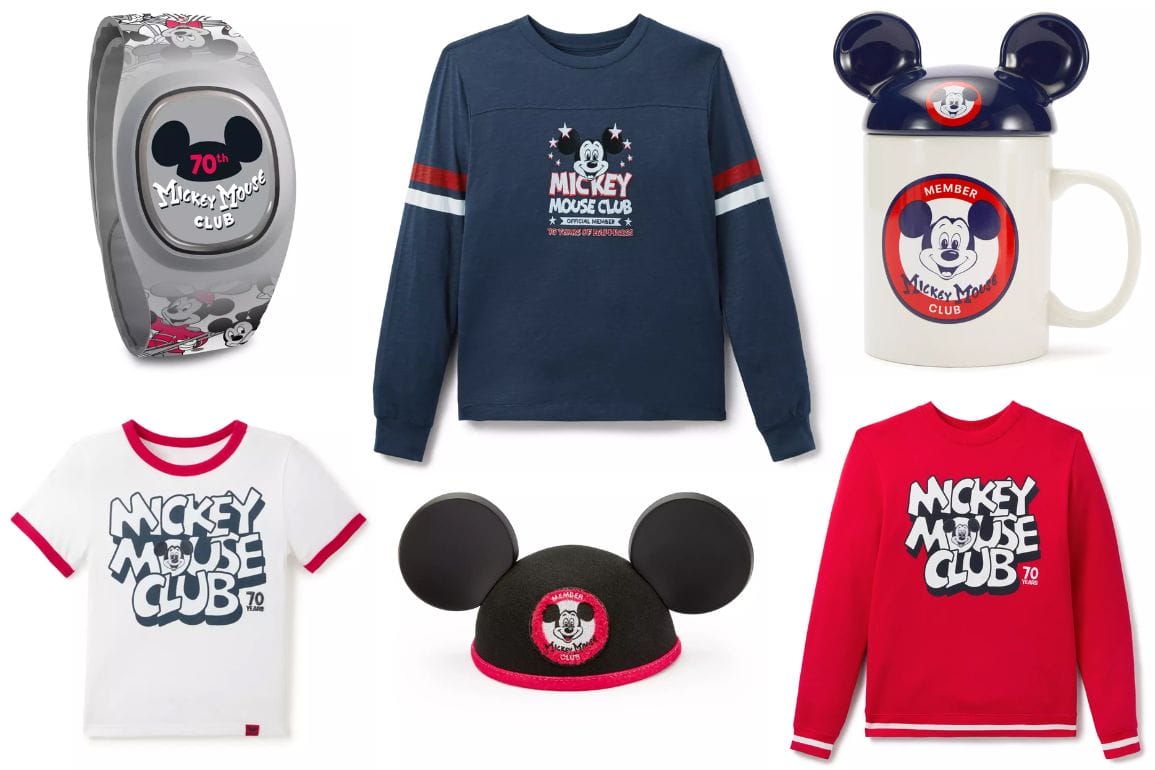 Six Mickey Mouse Club items, including a Disney Store-Exclusive Spirit Jersey, shirts, mug, sweatshirt, and ear hat.