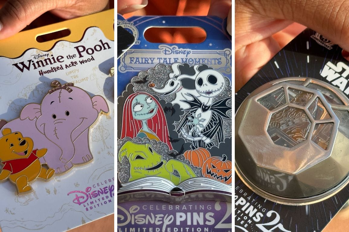 Three Disney collectible pins: Winnie the Pooh, Nightmare Before Christmas, and a limited edition Star Wars pin.