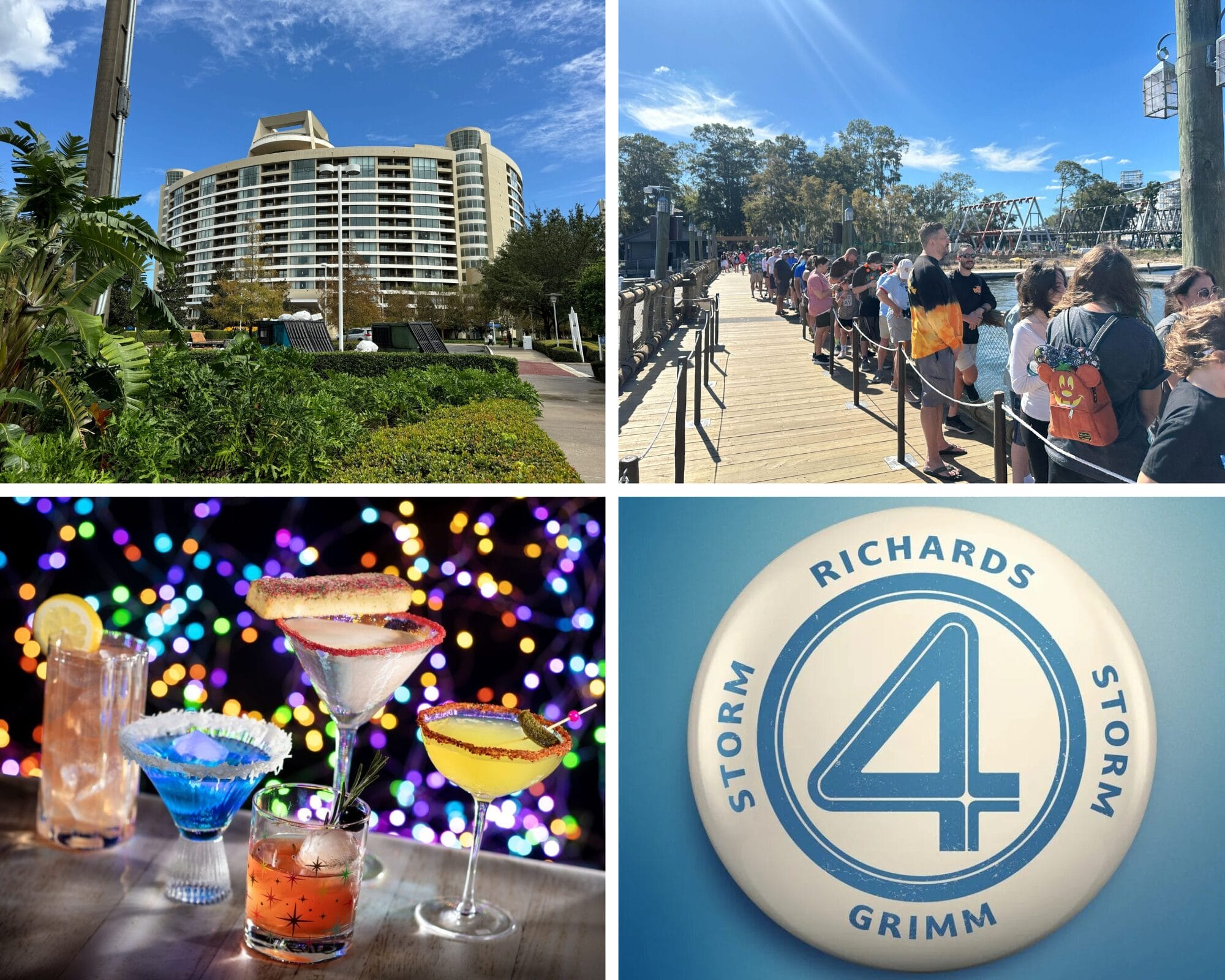 Disney parks daily recap collage: resort hotel, guests queuing like for rides, bright park cocktails, and a blue "Fantastic Four" sign.