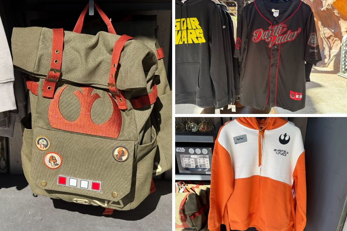Star Wars merch from Galaxy's Edge: green Rebel backpack, Darth Vader jersey, and orange-and-white Rebel hoodie.