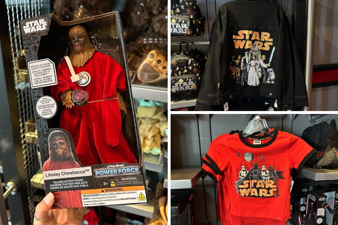 Star Wars Merch display: Chewbacca Life Day action figure, black denim jacket with Star Wars Rebel Alliance heroes illustration, and orange kids ringer tee with Dark Side graphic.