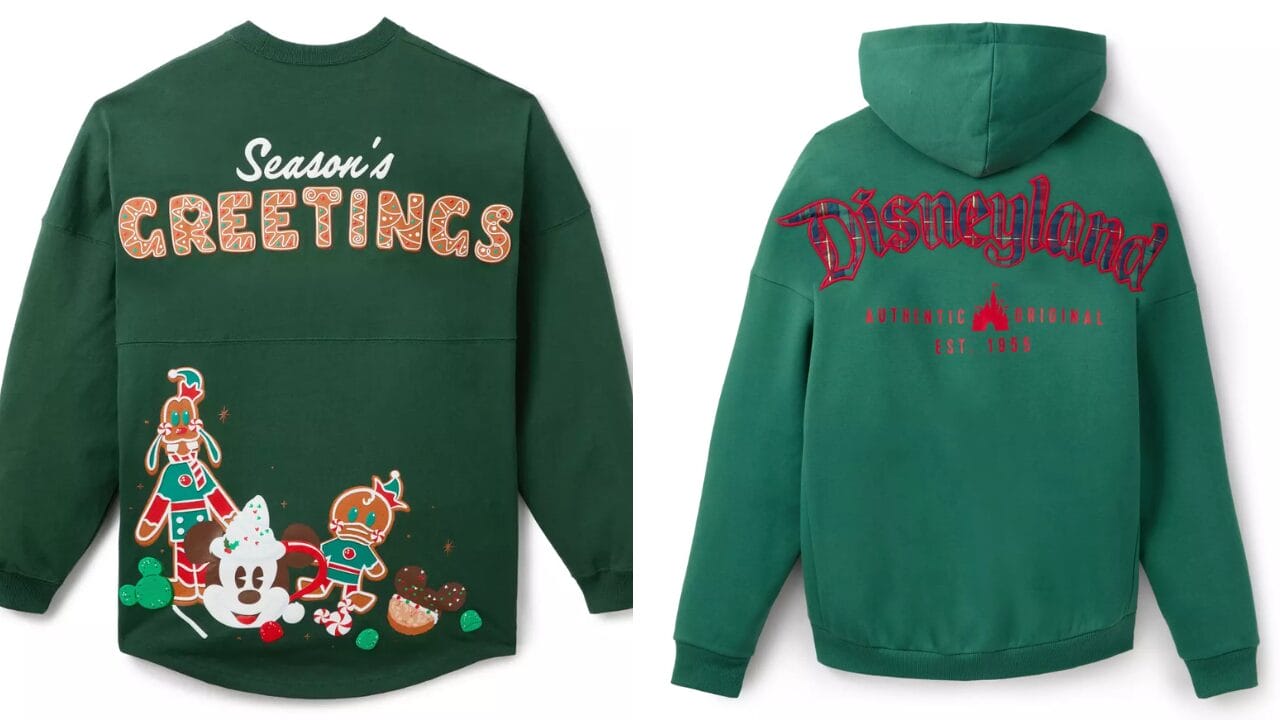 Two green Disneyland sweaters from the Online Disney Store, with gingerbread motifs and festive plaid, reminiscent of park holiday styles.