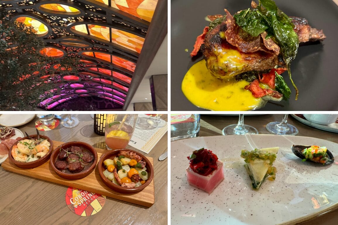 Four-photo collage: stained glass ceiling, Toledo tapas trio, plated steak & seafood, and gourmet appetizers on a restaurant table.