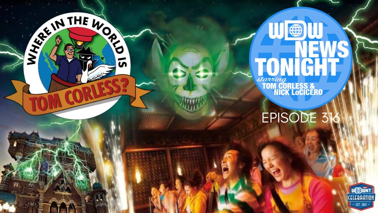 Guests on a Disney ride scream as eerie green lightning strikes and Tom Corless’s ghostly face appears, with show logos visible.