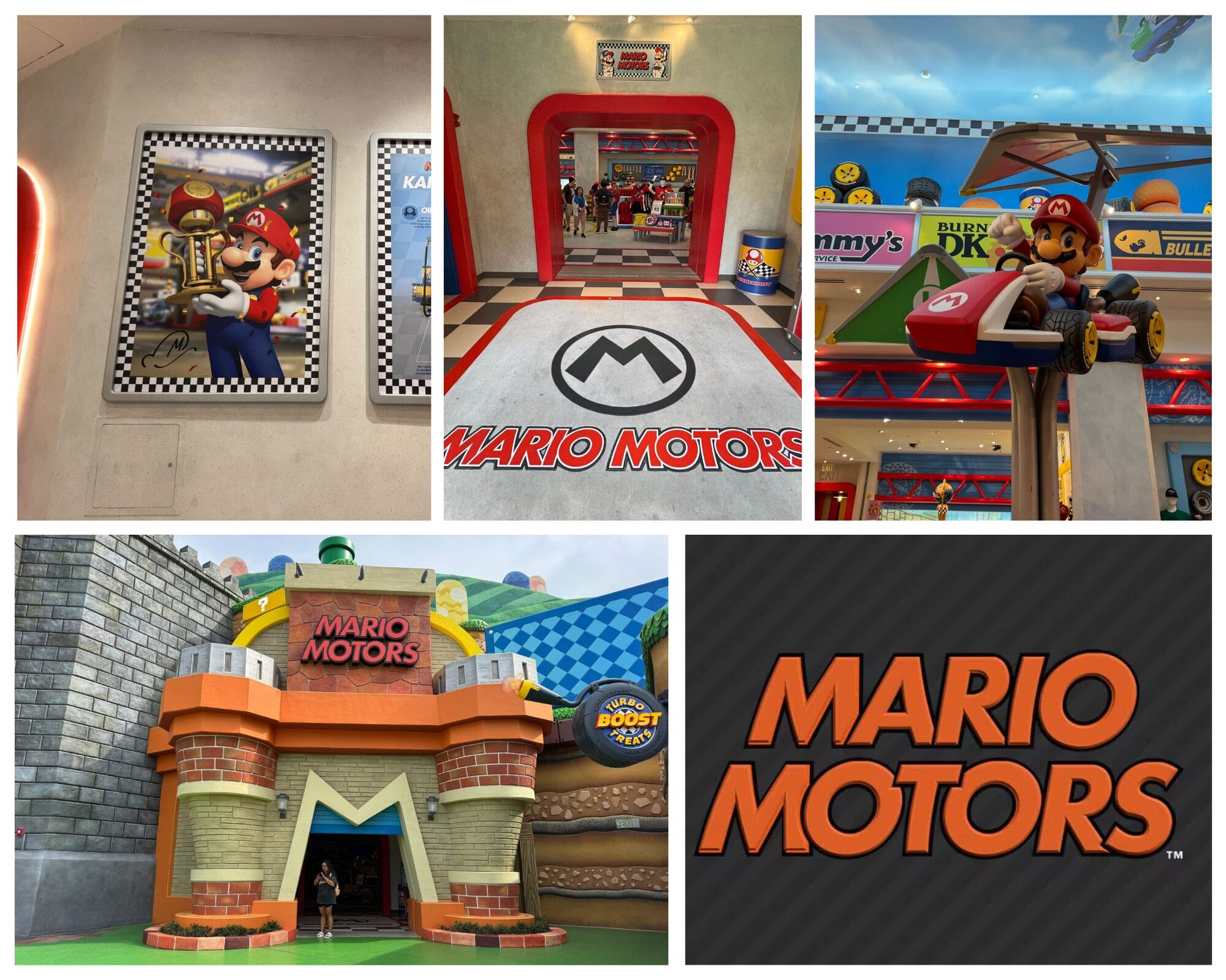 Collage of Mario Motors at Super Nintendo World, showcasing Mario and checkered patterns—notably different from Disney castles.