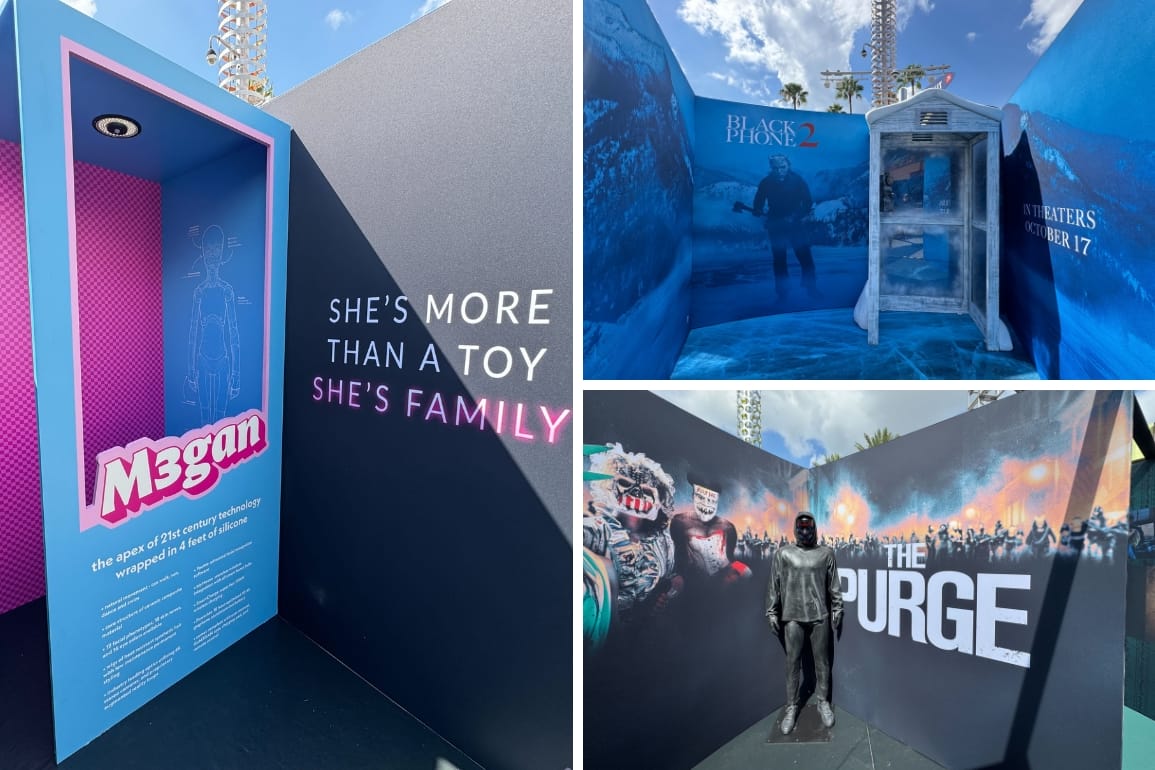 Collage of Blumhouse horror movie photo ops for "M3GAN," "The Purge," and "The Black Phone 2" at Universal CityWalk.