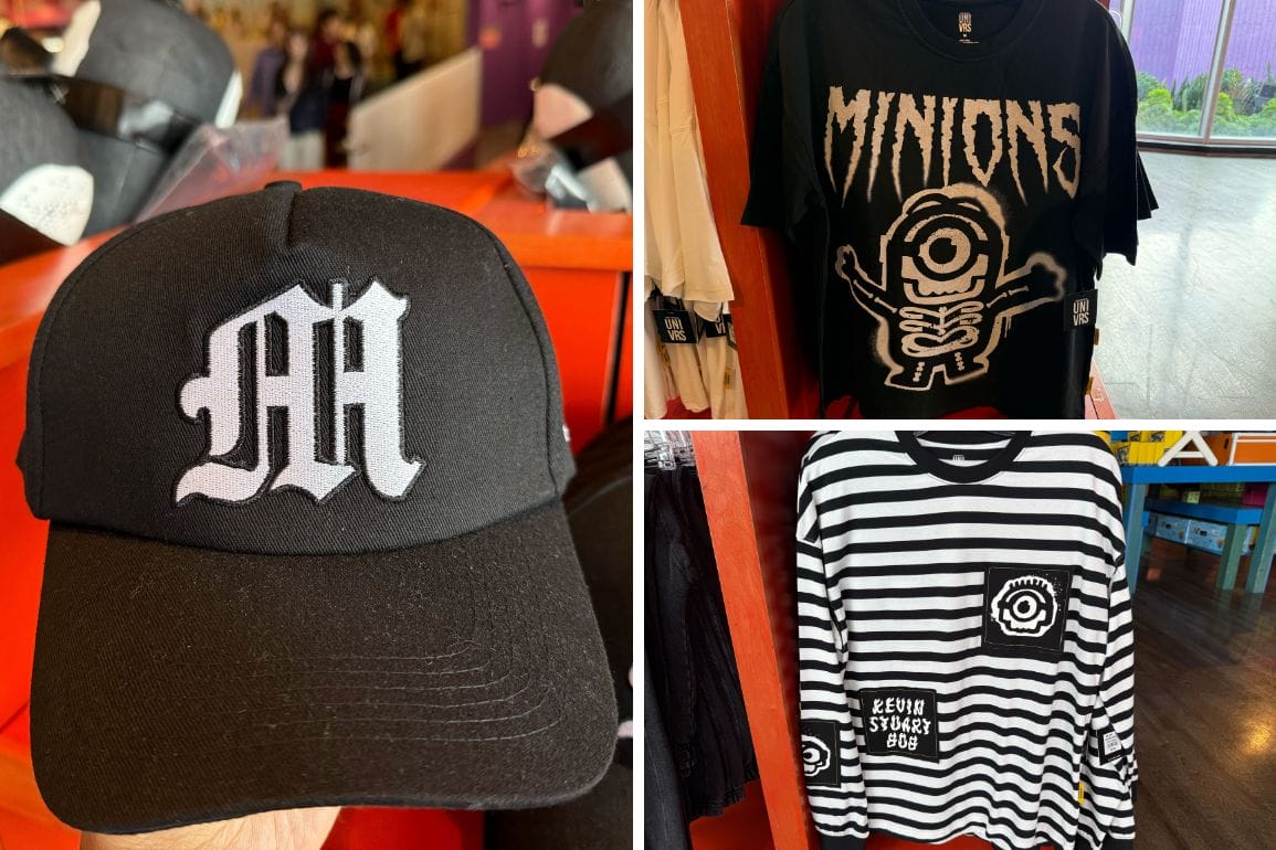 Collage of black and white Emo Minion hats and shirts on display, styled like Disney Park merch but at Universal Studios Hollywood.