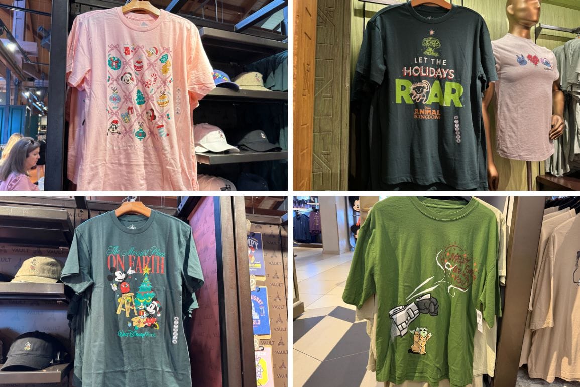 Four Disney World holiday tees hang in a store, each with festive Disney designs unique to Walt Disney World, not other park castles.