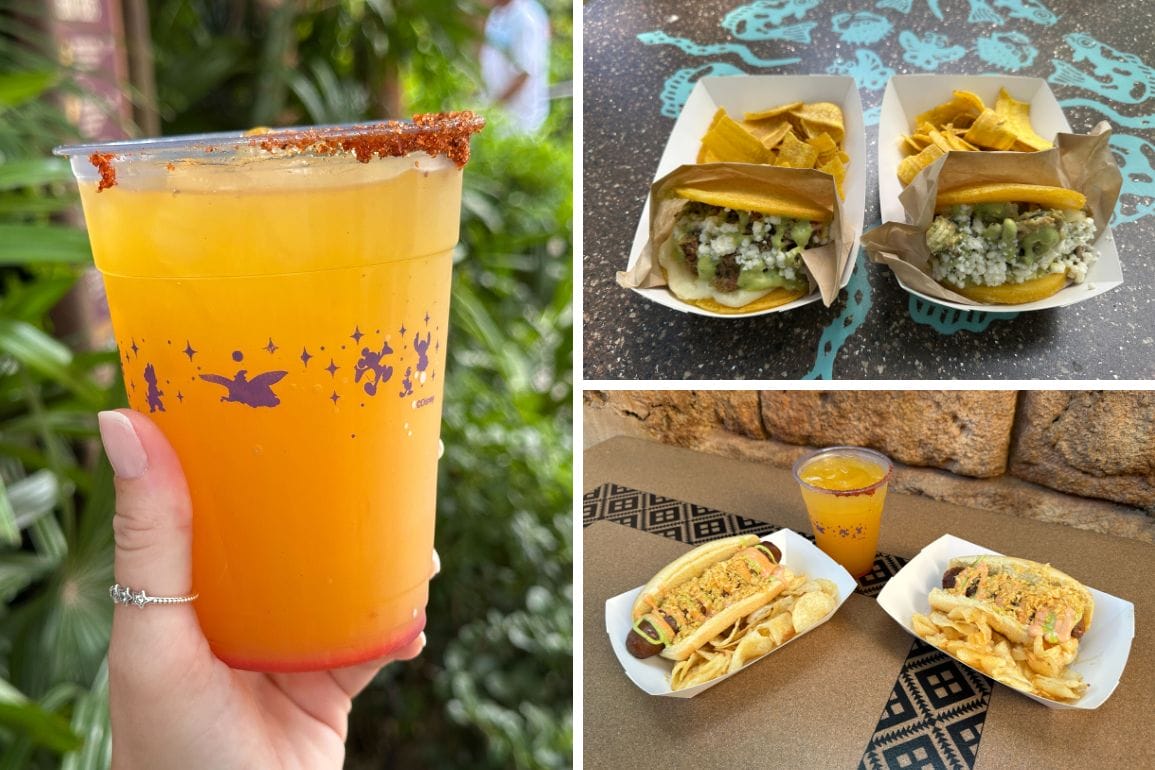 A yellow-orange drink with a chili rim and tacos with chips, inspired by Colombian flavors at Disney's Animal Kingdom Park.
