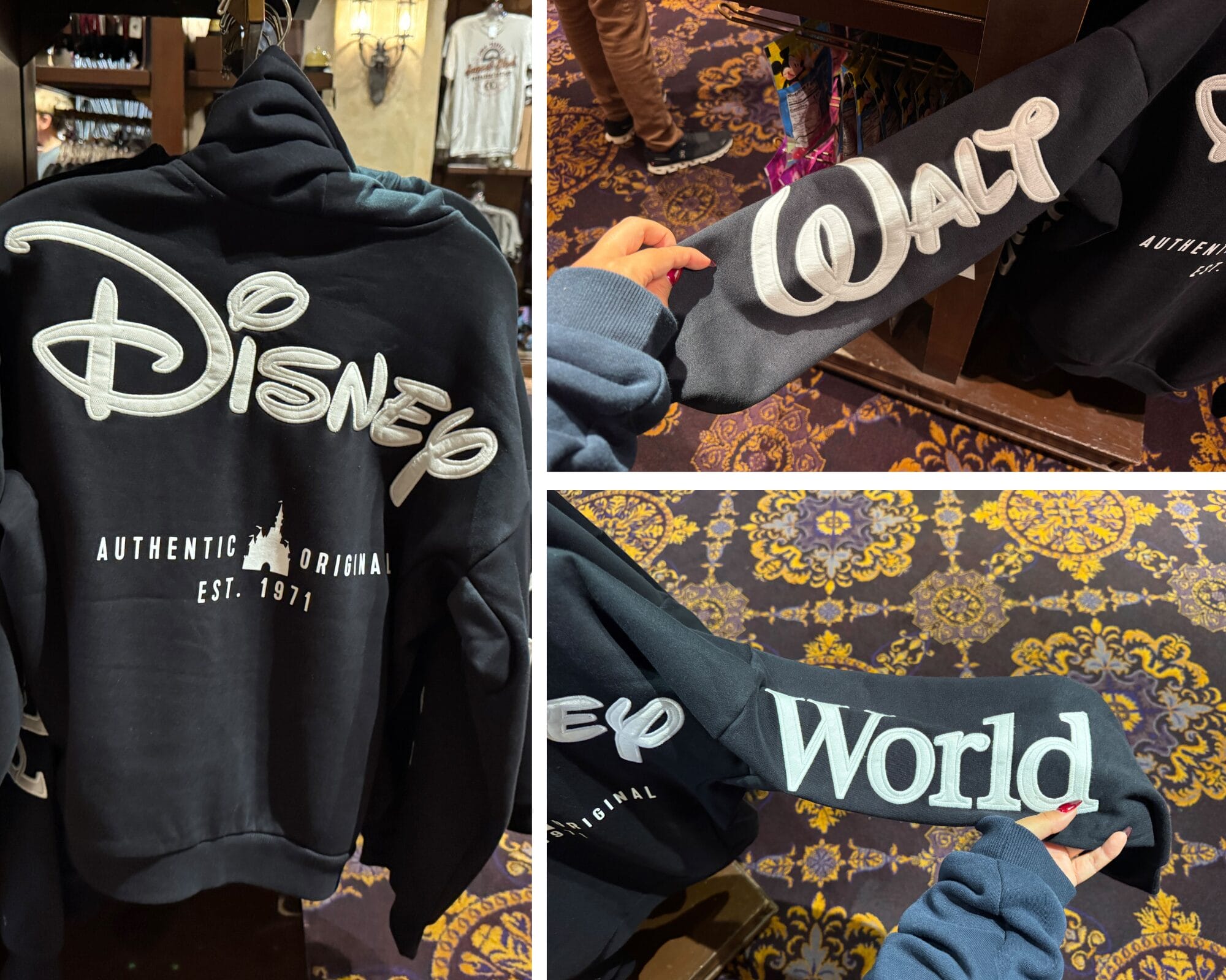 A black Authentic Original Hoodie with “Disney” on the back, “Walt” and “World” on the sleeves, nodding to Walt Disney World.