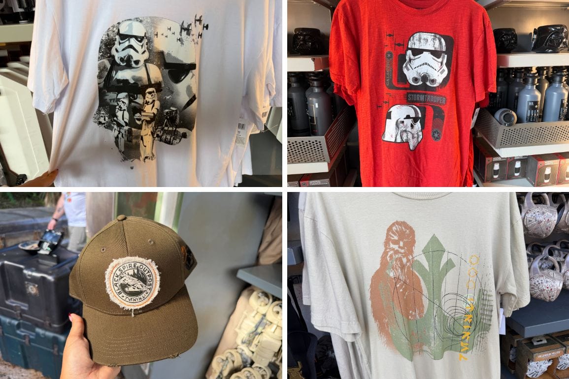 Star Wars apparel, like a Chewbacca tee and Stormtrooper gear, displayed at a Disney park shop near iconic castle theming.