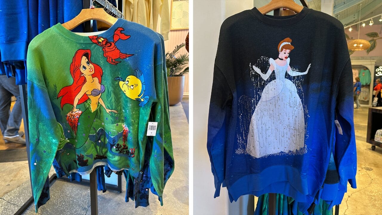 Two Disney Parks sweaters: one with Ariel, Sebastian, and Flounder; the other with Cinderella in her gown near a castle.