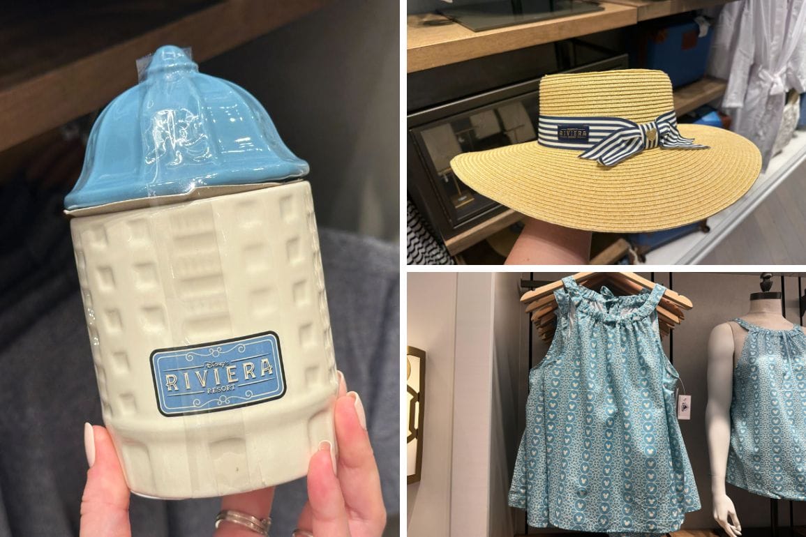 Ceramic Riviera jar, straw hat with blue ribbon, and blue apparel—new Disney's Riviera Resort merch, no castle for comparison.