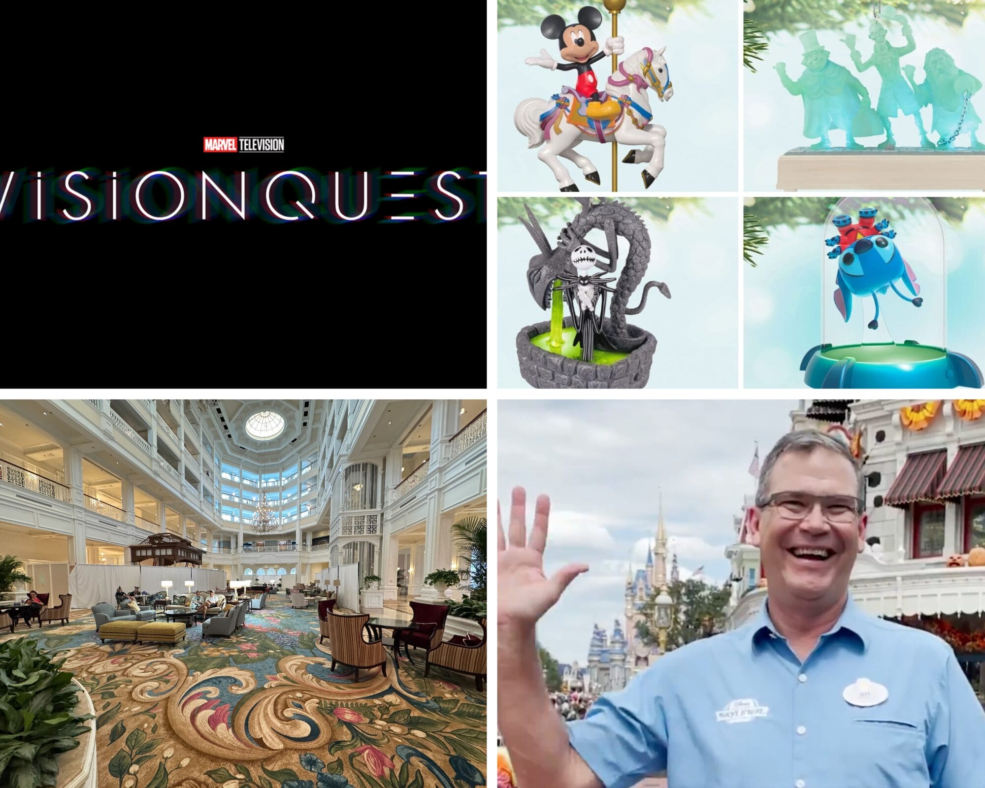 Collage: Marvel Vision Quest logo, Disney characters, hotel lobby, and a man waving at a Disney park—Daily Recap.