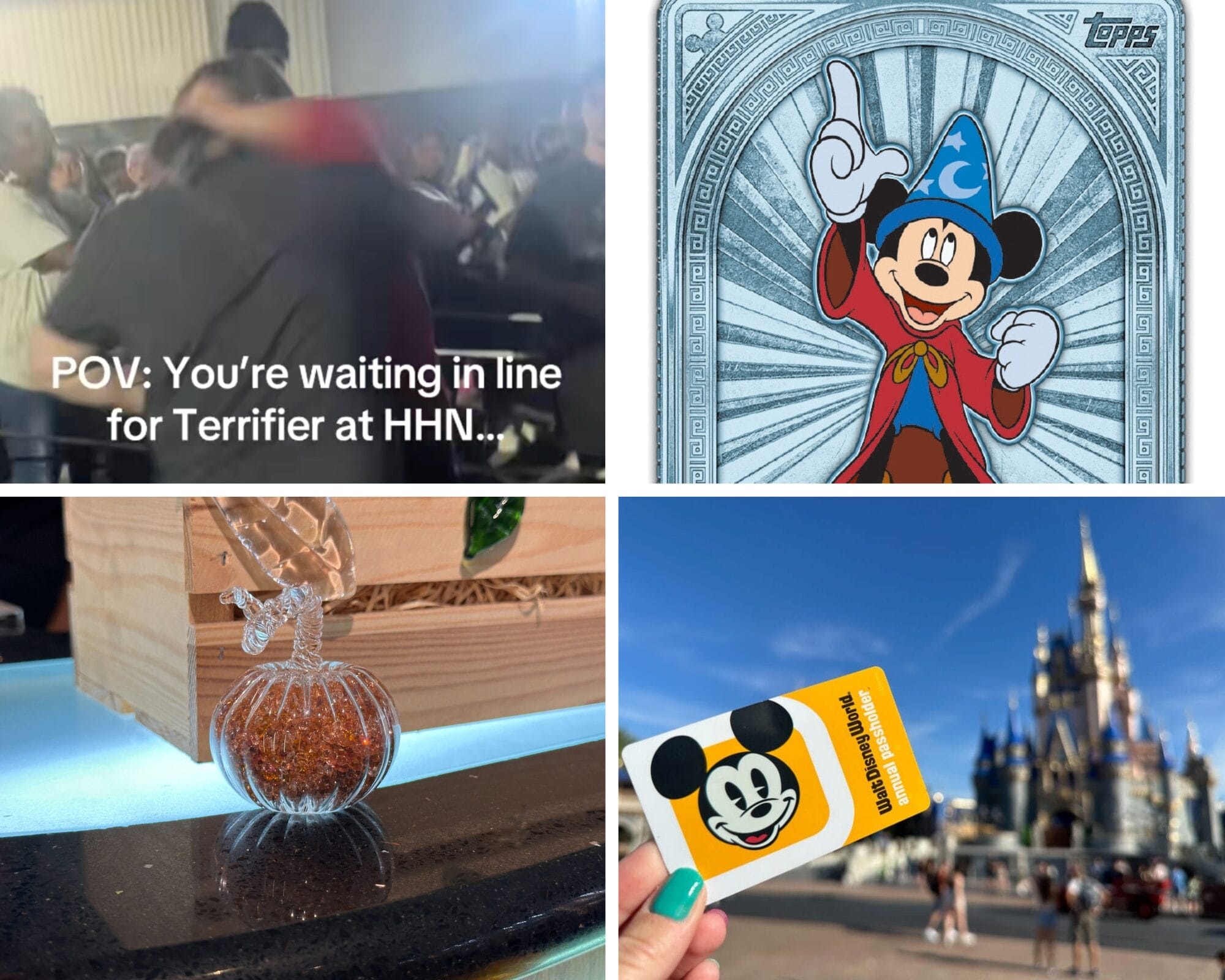 Daily recap: Guests at HHN, Sorcerer Mickey card, glass pumpkin, Disney card at Magic Kingdom—no castle like Cinderella’s here.