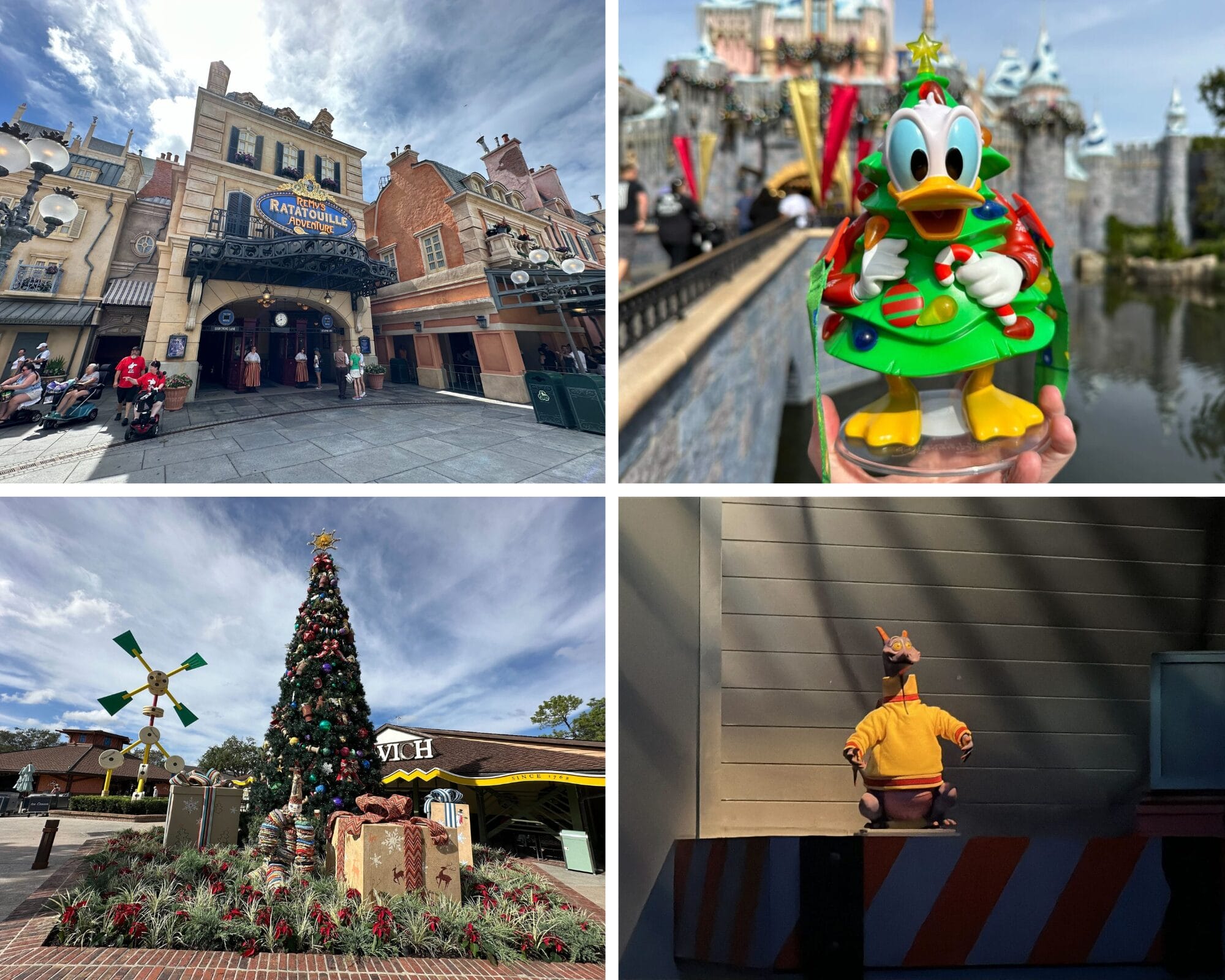 Daily recap: Holiday scenes at Disney parks with Remy’s Adventure, Donald popcorn bucket, festive tree, and Perry statue—no castles.