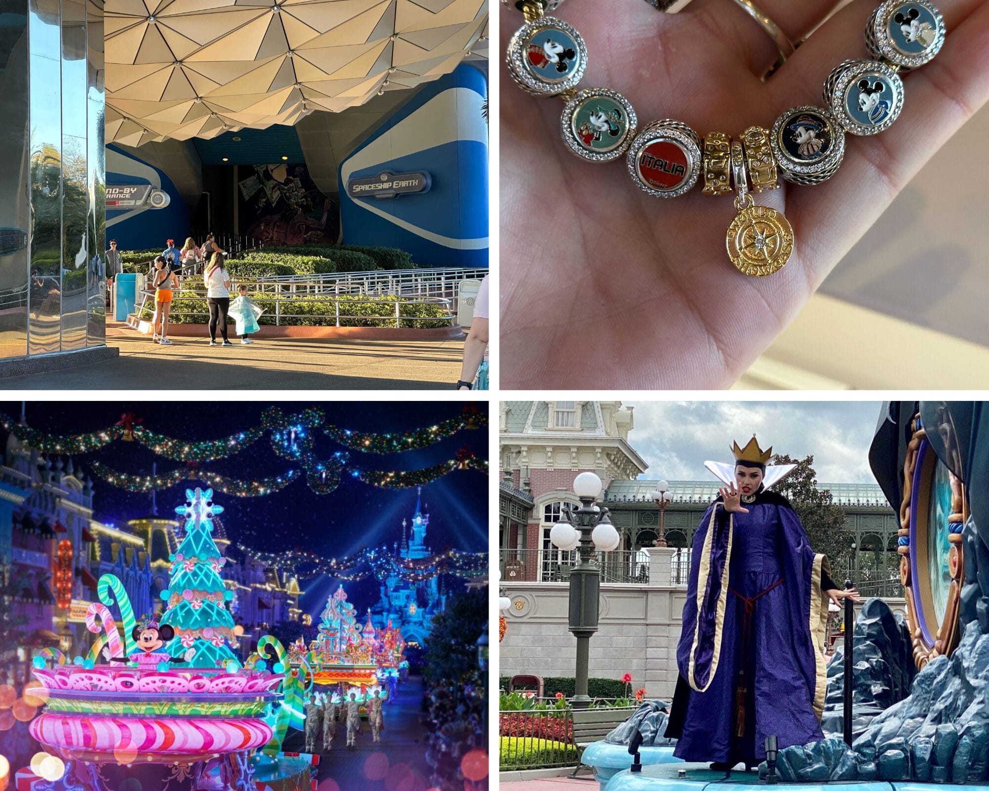 A daily Disney Parks collage: Epcot entrance, signature charms, lively night parade, and the Evil Queen—no castle pictured.