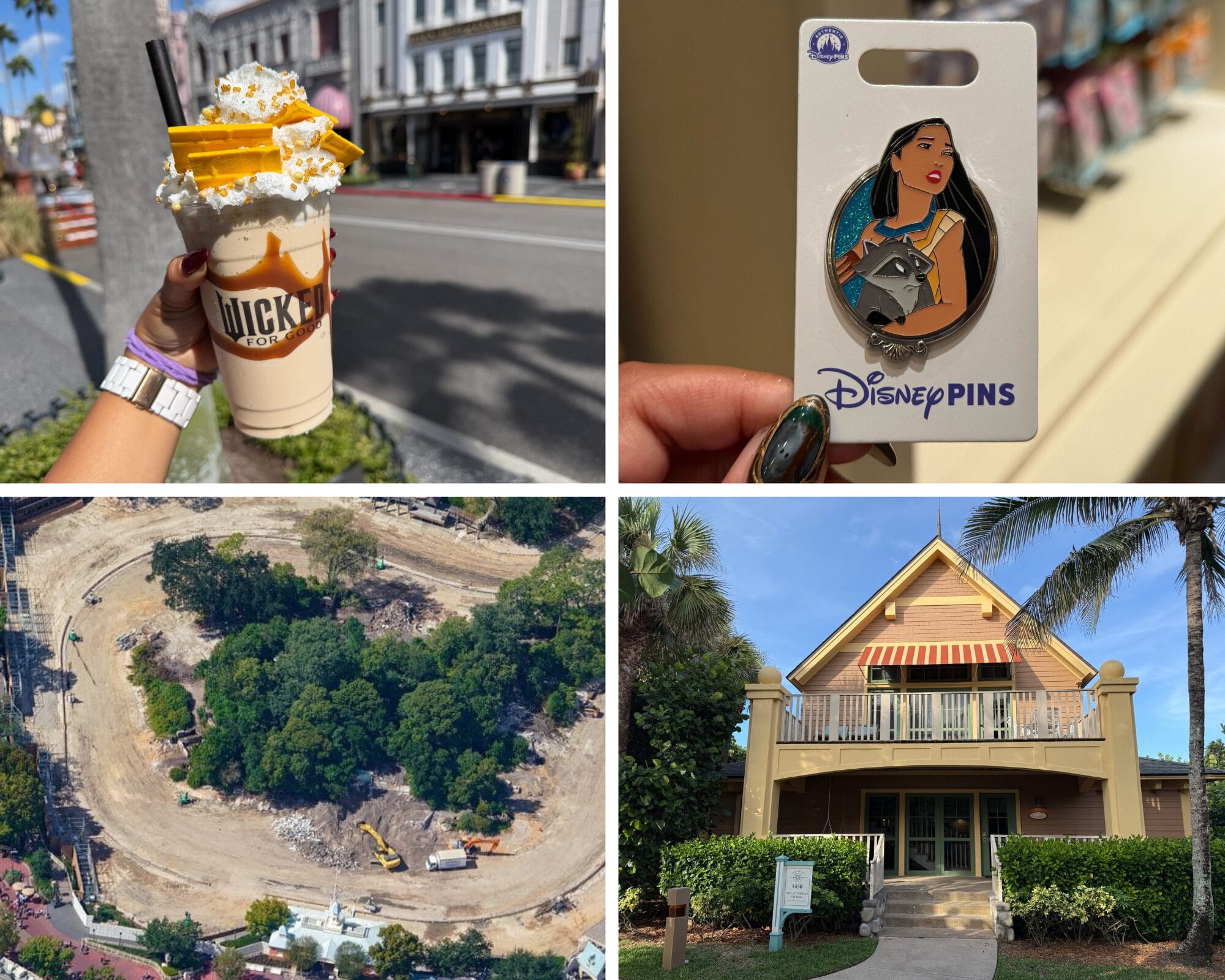 A daily Disney parks recap: a themed milkshake, Pocahontas pin, construction in progress, and a yellow house by palm trees.