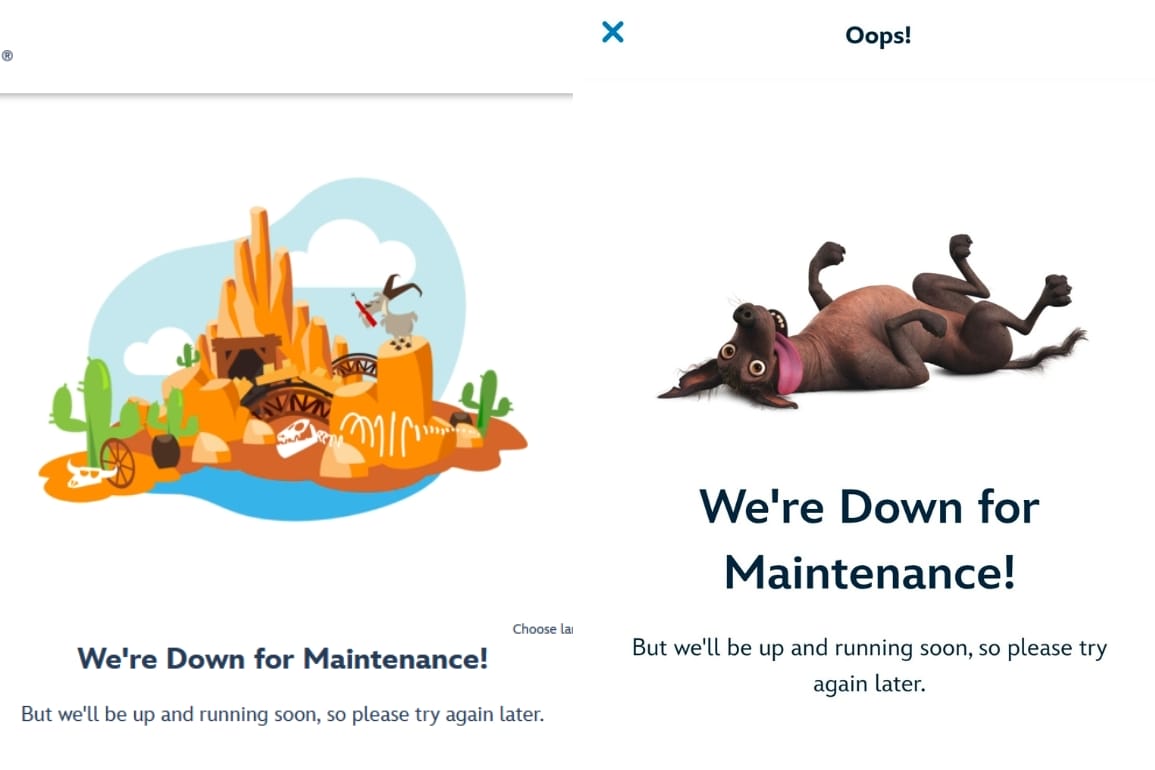 Two website downtime screens: one with desert-like scenery, the other with a cartoon dog, both feature AWS outage notes underneath.