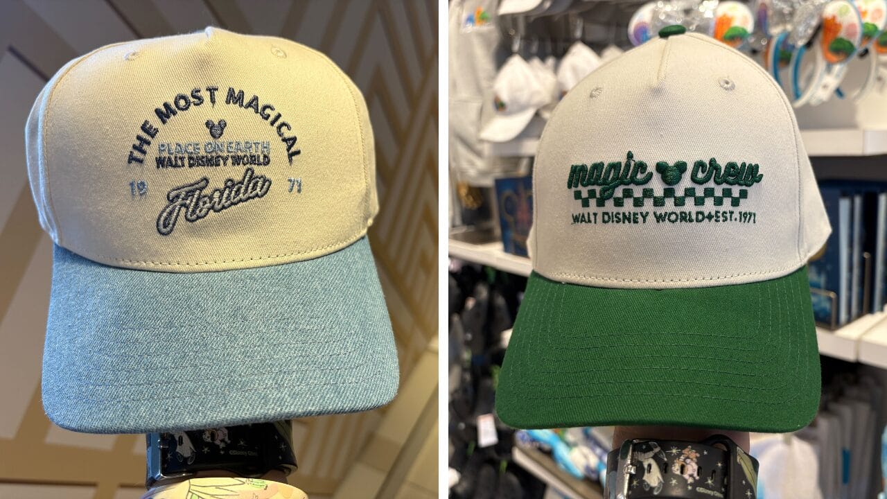 Two Walt Disney World caps: tan/blue says "The Most Magical Florida," tan/green says "Magic Crew." No castles pictured here.