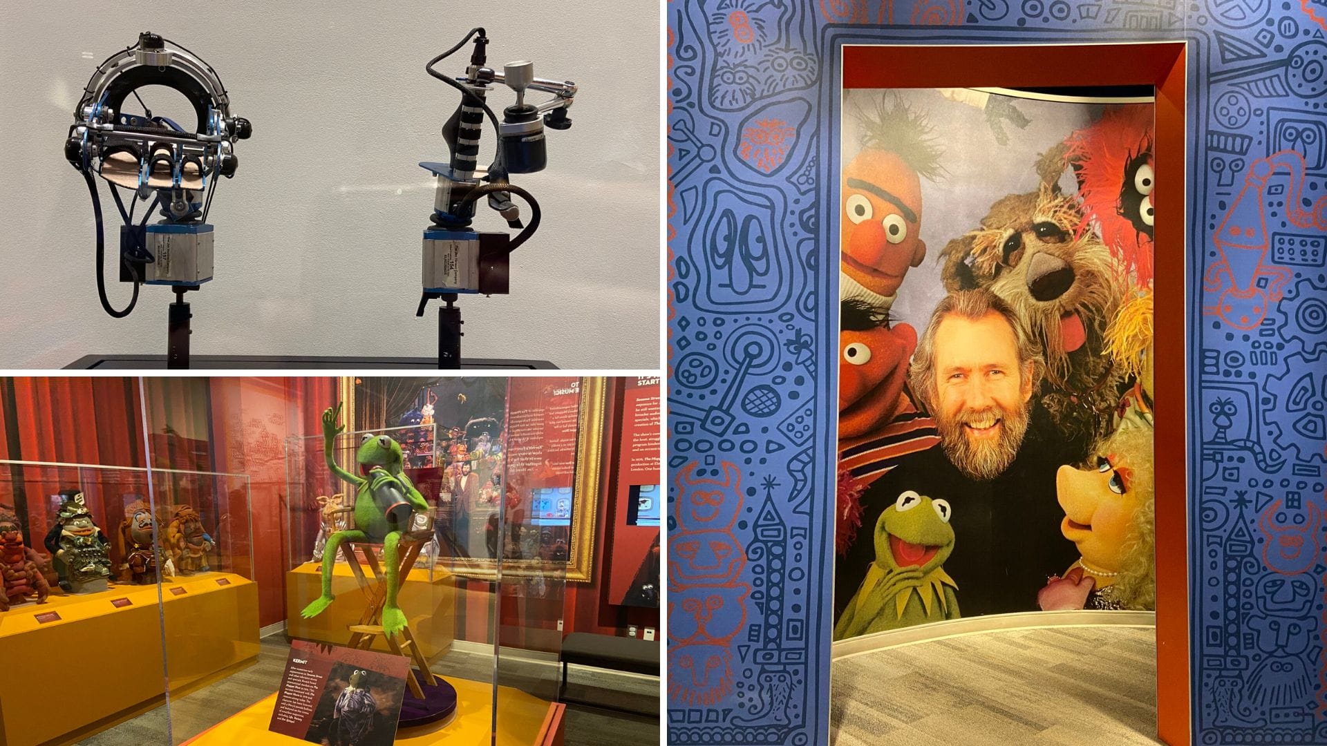 Collage of puppet exhibits: Kermit the Frog, Muppets mural, and animatronics—distinct from Disney park castle displays.