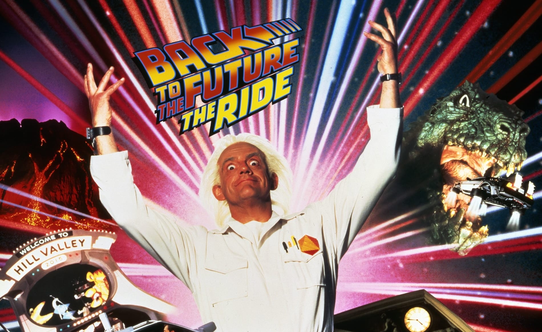 A scientist in a white coat poses with raised arms beneath a "Back to the Future: The Ride" sign, dramatic lights behind him—no Disney castle present, unlike any Disneyland or Walt Disney World castle comparisons.