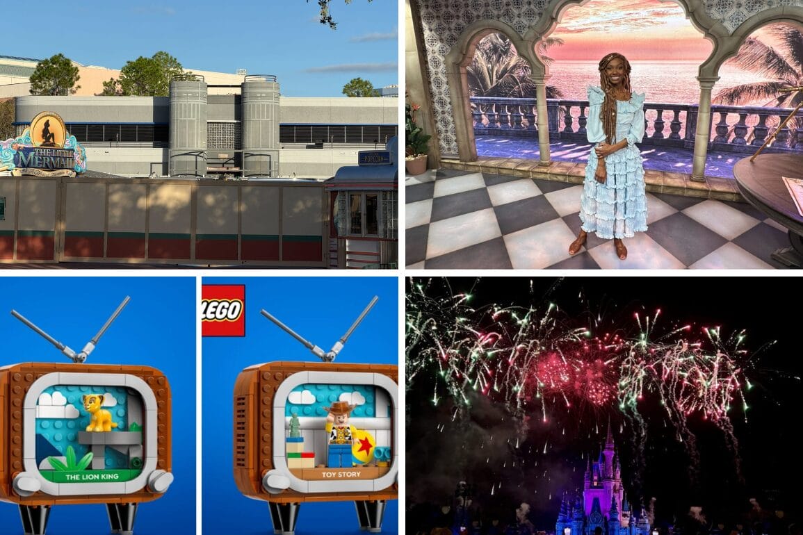 Daily recap: a Disney park theater, woman posing, LEGO TV models, fireworks over a castle resembling Sleeping Beauty Castle at Disneyland.
