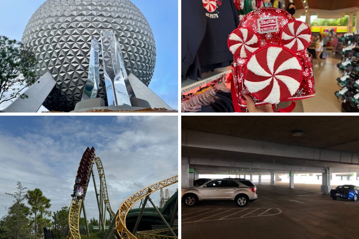 A daily recap collage features Epcot’s sphere, a peppermint backpack, a roller coaster, and an empty parking garage.