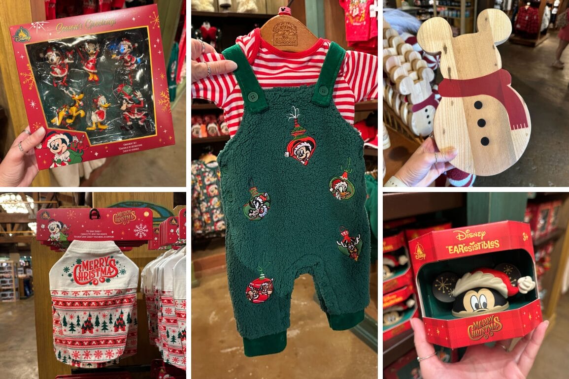 Collage of Disney Parks Christmas merch: ornaments, baby outfit, wooden Mickey, sweater, and park ears—no castle pictured.