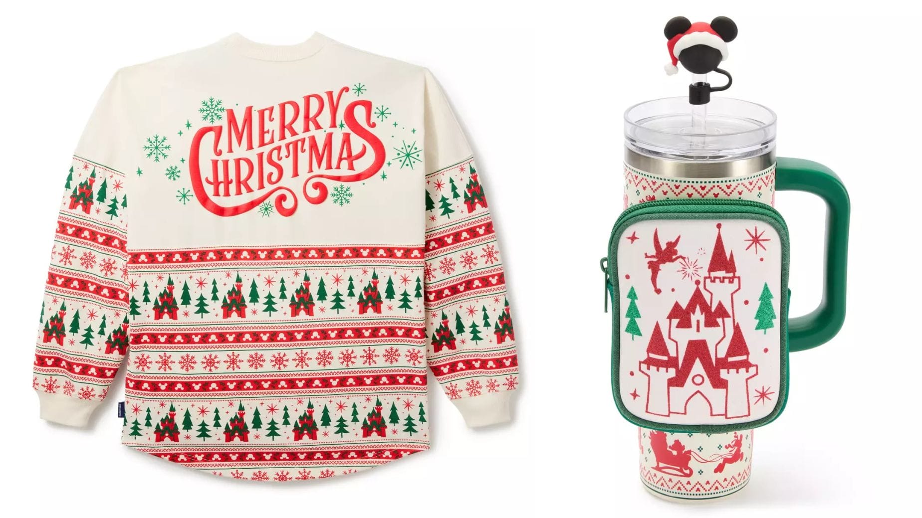 A Fair Isle Christmas sweater and Disney Store tumbler featuring a castle topper similar to Disneyland’s, with Mickey Mouse.