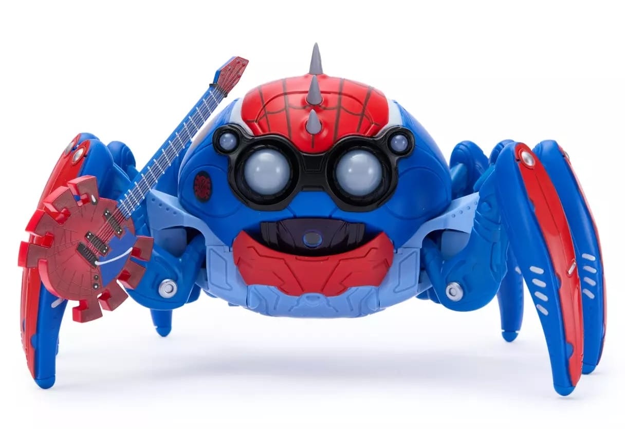 Blue and red Spider-Bot toy with big eyes and punk-style guitar, inspired by Spider-Punk, spotted at Disney Parks merchandise shops.