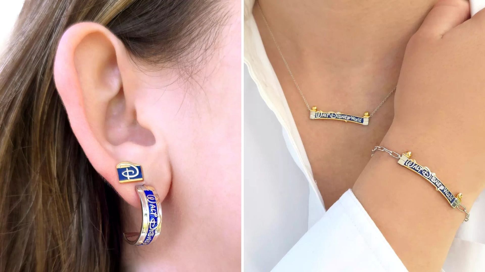 Close-up of Marquee Jewelry: blue and gold Disneyland-themed earrings, necklace, and bracelet inspired by iconic park colors.