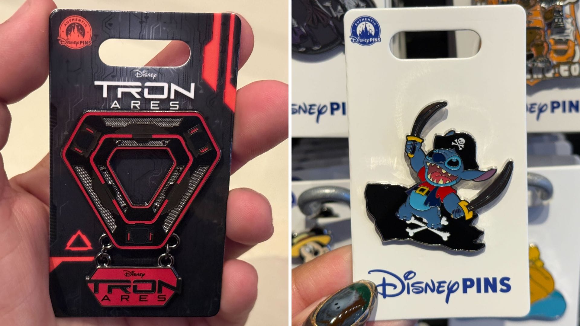 Two Disney Park pins: black TRON Ares pin and Pirate Stitch dressed up, similar to plush seen at global Disneyland gift shops.