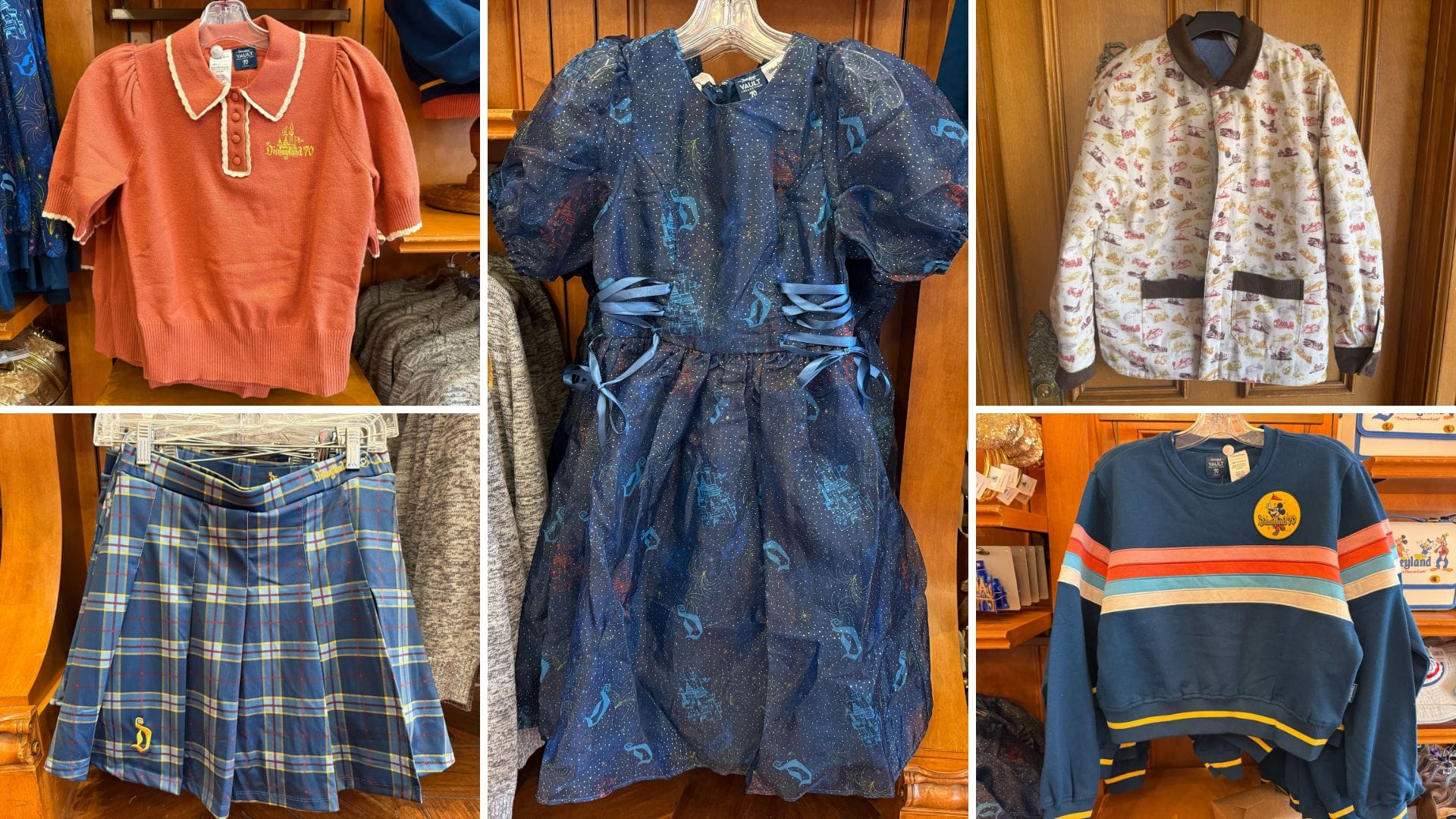 Five pieces of Disney park apparel—shirts, a skirt, jacket, and blue dress—hang on display like finds from park boutiques.