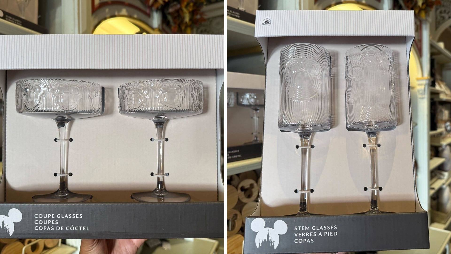 Two boxed sets of Disneyland Resort glassware, coupe and stem, each etched with Mickey Mouse—perfect park-inspired souvenirs.