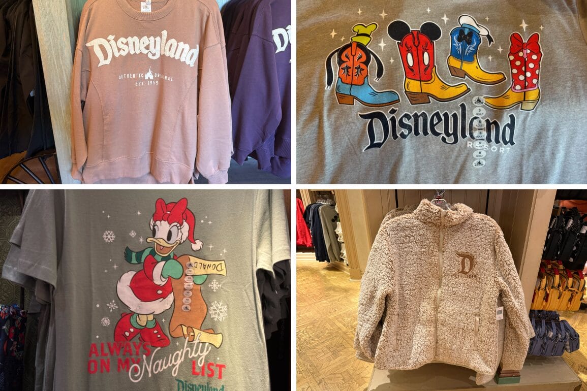 Four Disneyland-themed Logo Sweatshirts: pink sweatshirt, gray Cowboy Boots Shirt, Daisy Duck Christmas Holiday Shirt, and fuzzy jacket.