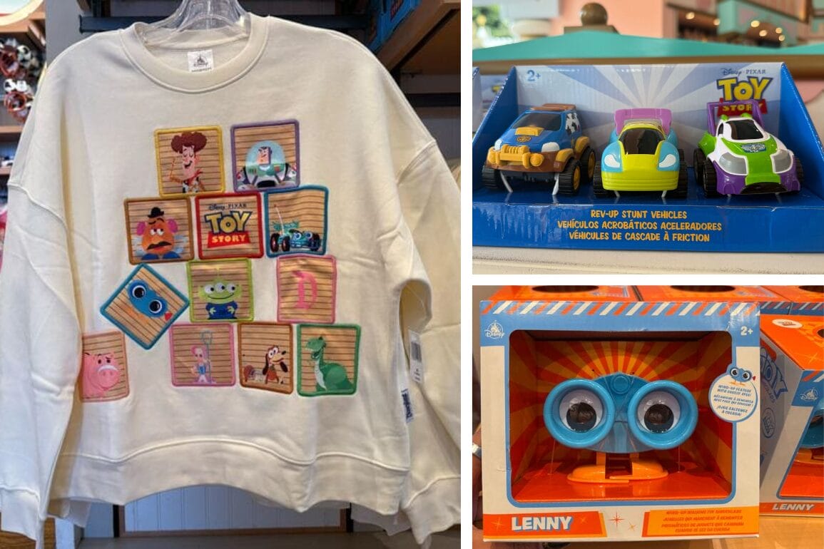 White Toy Story sweatshirt with character blocks, exclusive Disneyland Resort merchandise in packaging; no castle visible to compare.