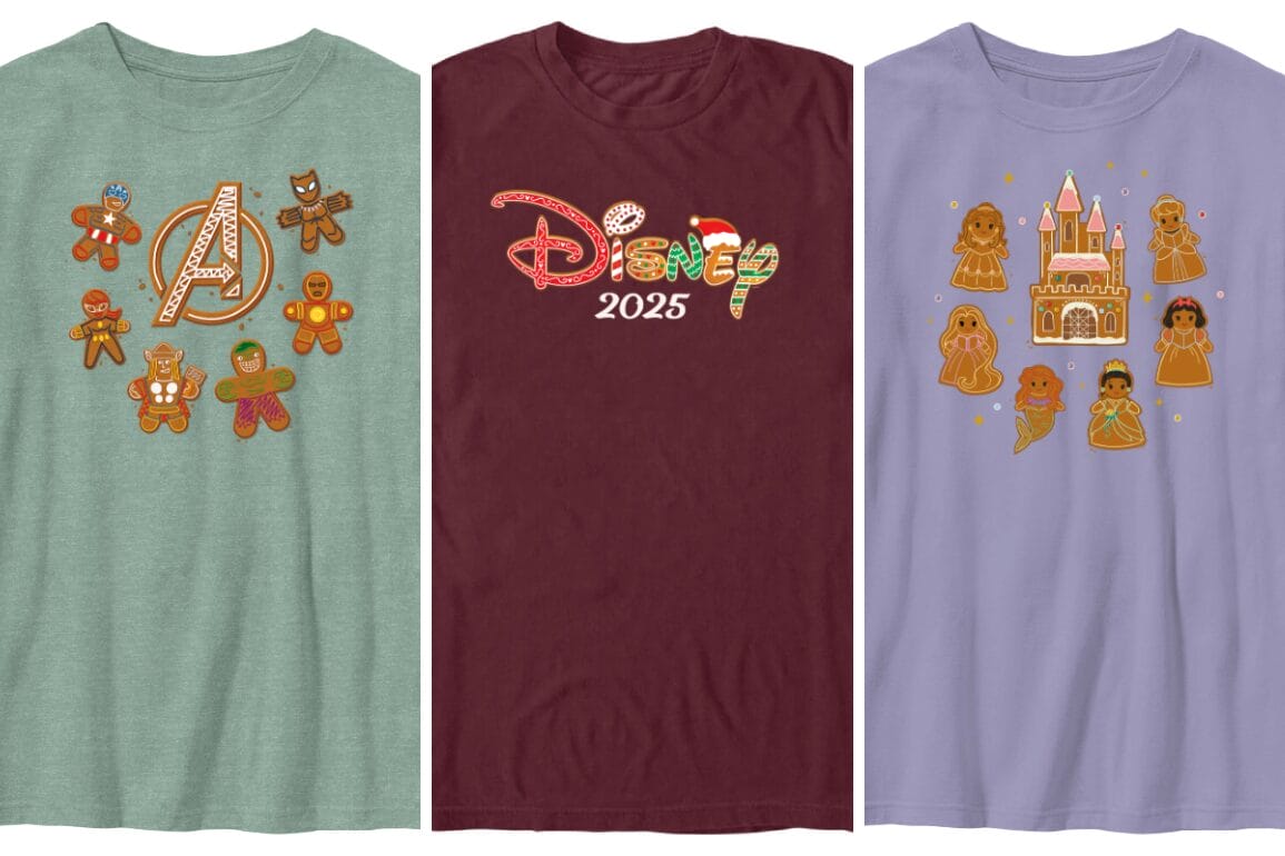 Three Disney Store t-shirts show gingerbread designs: Avengers, Disney 2025, and a princess castle like those at Disneyland parks.