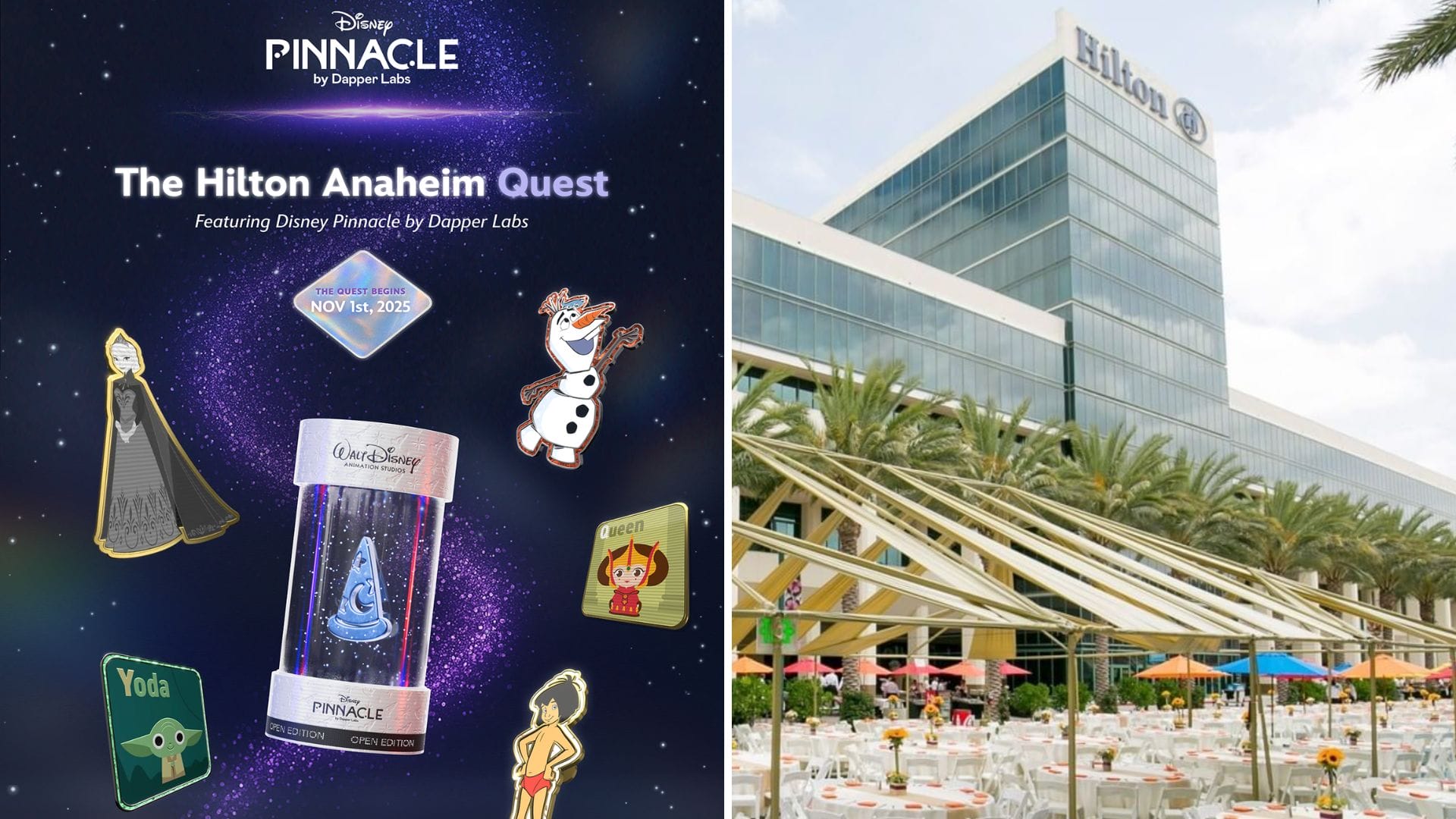 A Disney Pinnacle event poster with character pins, Hilton Anaheim, and scavenger hunt hints—no park castle imagery present.