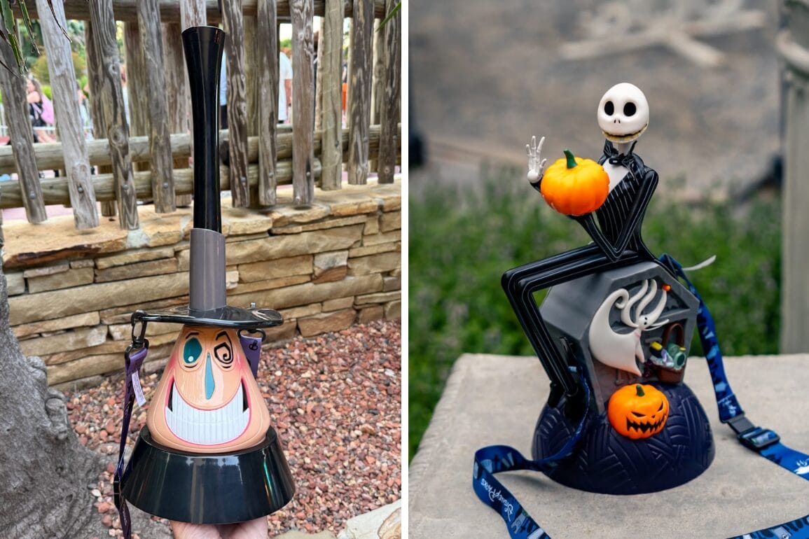 Left: Hatbox Ghost popcorn bucket. Right: Jack Skellington Popcorn Bucket on a base with pumpkin, like seen at Disneyland parks.