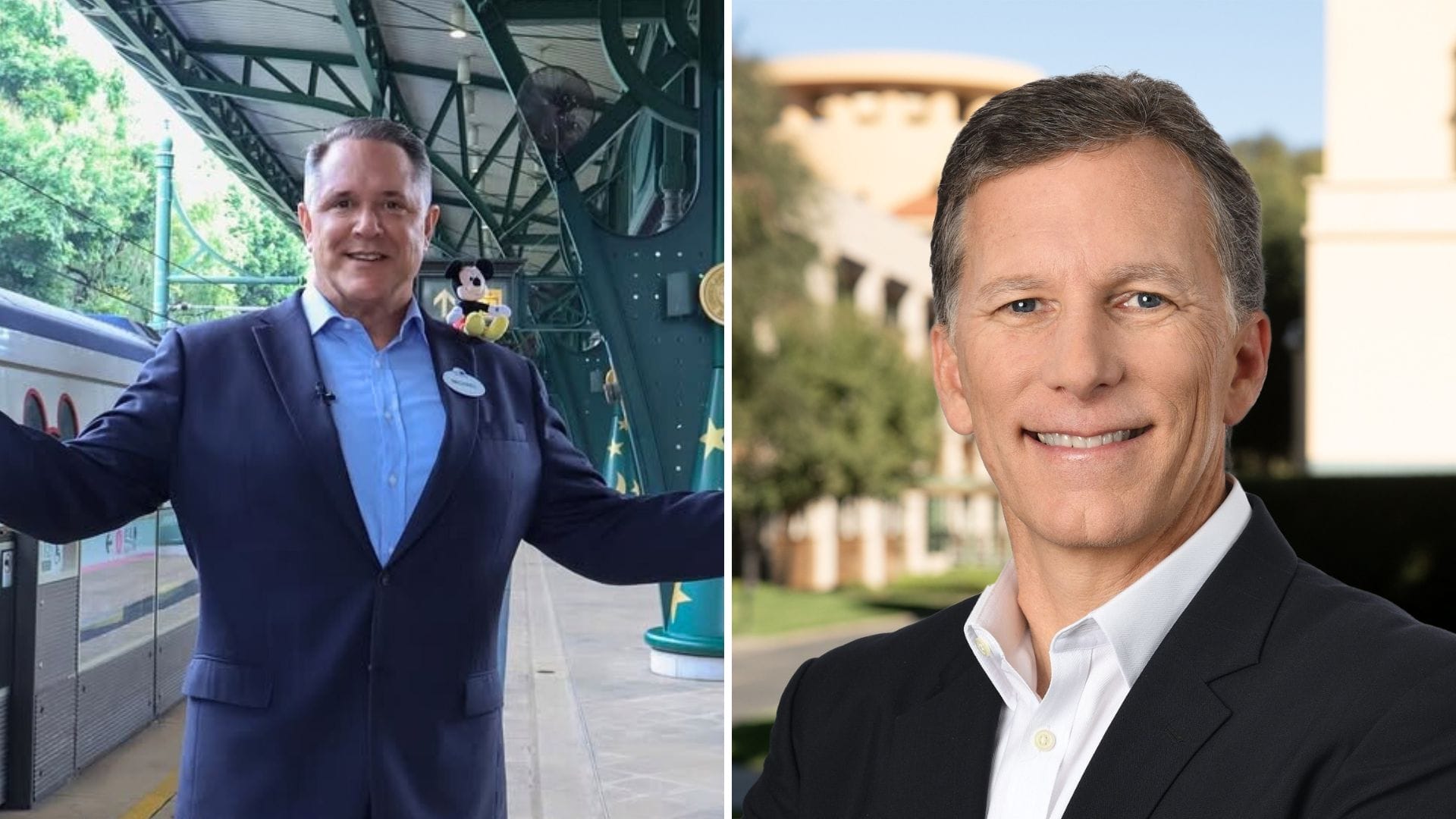 Split image: Left, a man in a suit at a train station reminiscent of Main Street U.S.A.; right, man in dark jacket smiles outdoors.