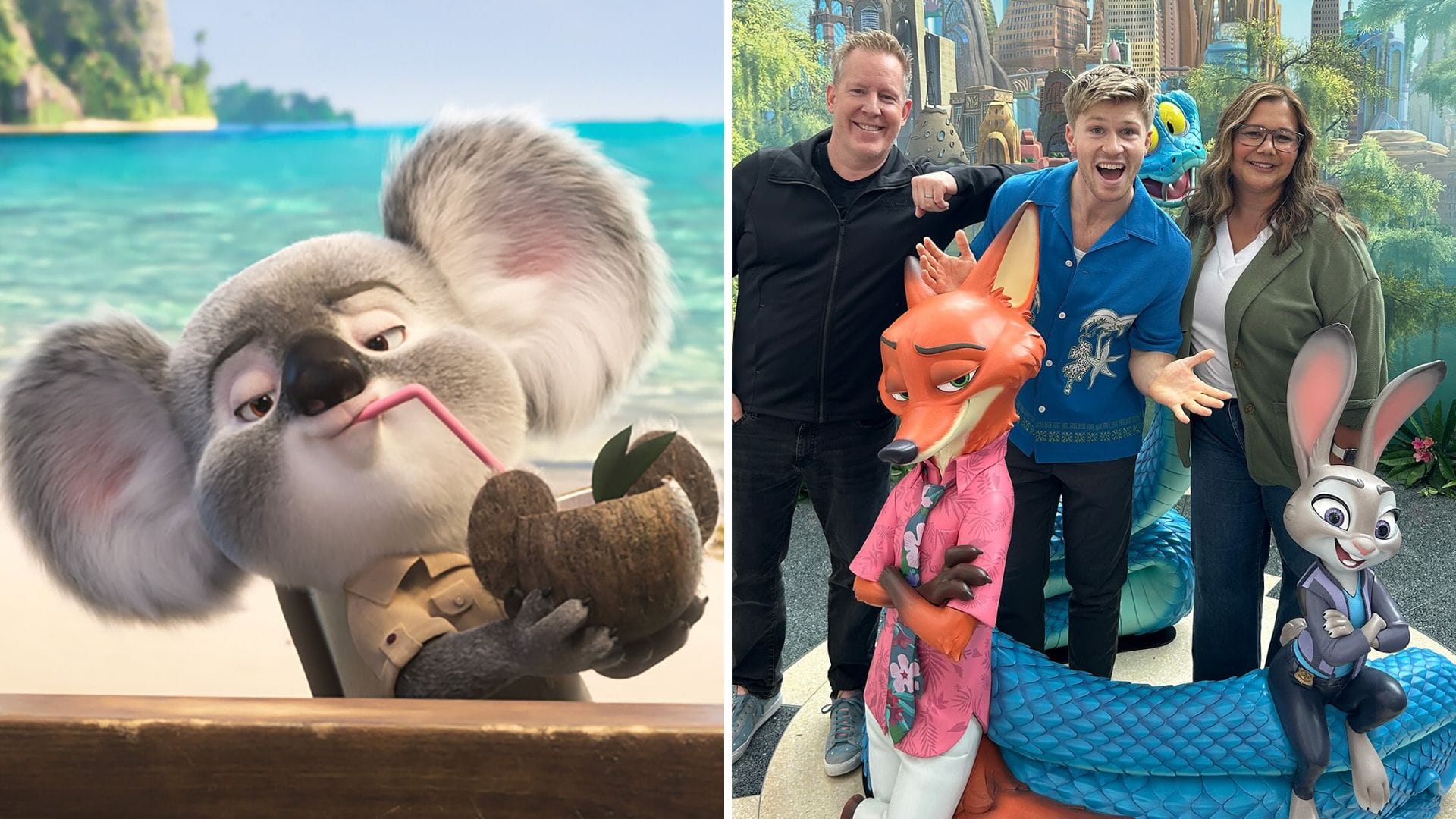 Left: Animated koala sipping from a coconut. Right: Three guests pose indoors with Zootopia’s Nick and Judy statues at a Disney park.